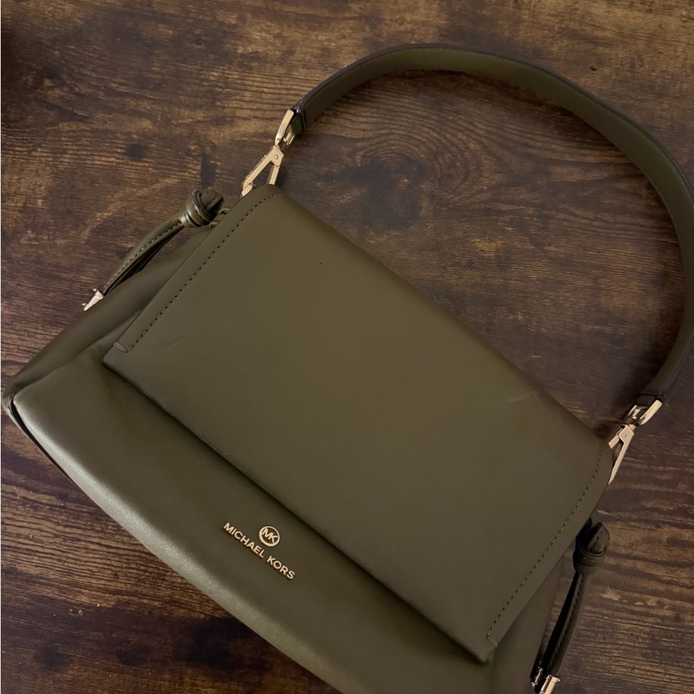Michael Kors Olive Green Leather Flap Shoulder Bag with Gold Hardware